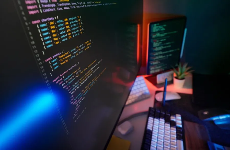 Editor de código en el puesto de un desarrollador con luz cálida